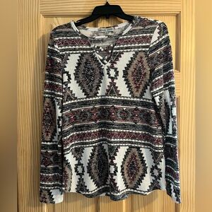 Absolutely Famous Southwestern Tan Black Maroon and White Long Sleeve Top Size M